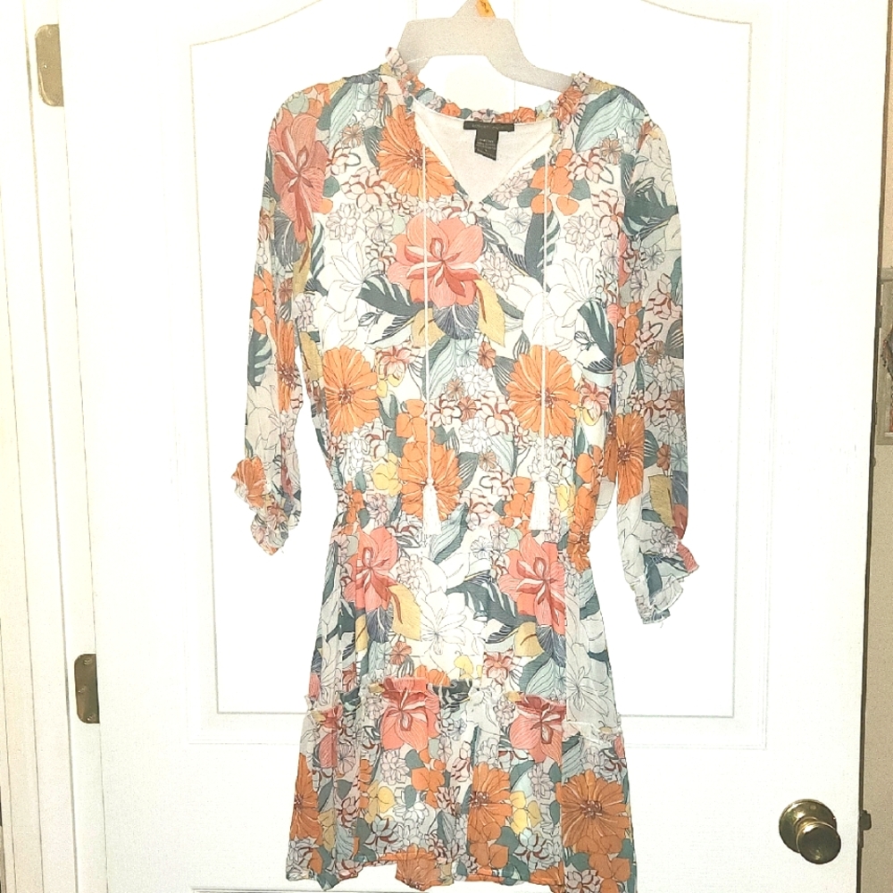 Robert Louis Floral Long 3/4  Sleeve Dress - Orange, Blue, White Built In Slip